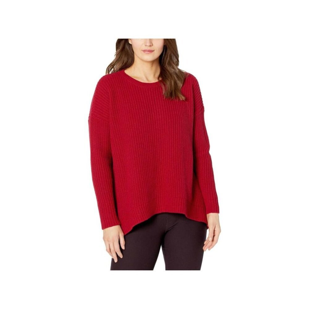 Eileen Fisher Womens Red Knit Ribbed Textured Scoop Neck Hi-Lo Sweater Size M